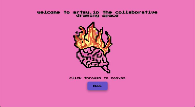 Artsy.io landing page featuring a bit-art style drawing of a brain on fire