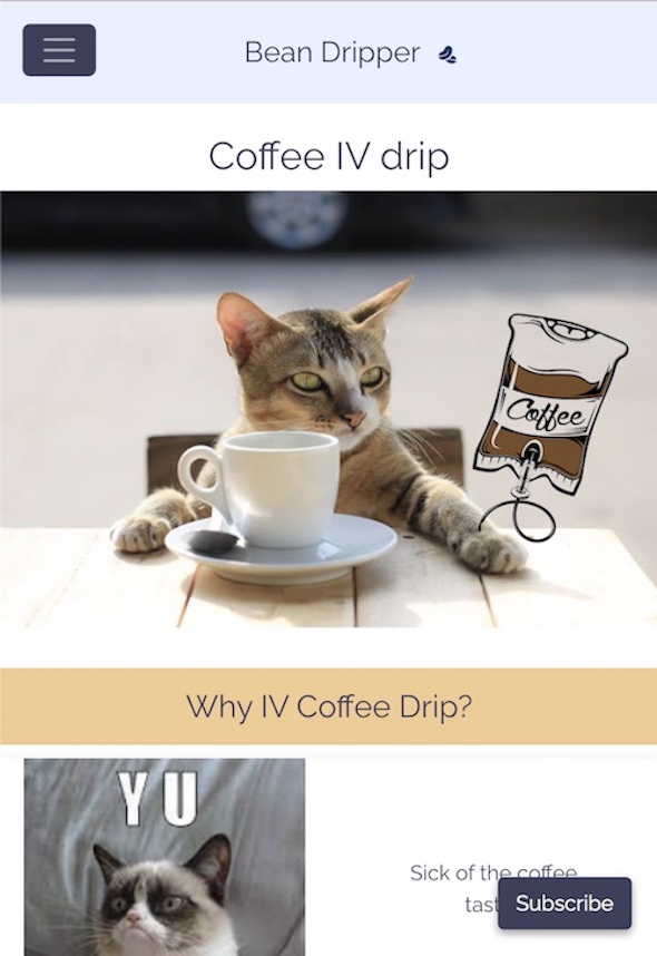Bean Dripper webpage showing an image of a real cat with a cartoon IV drip connected to its paw and a coffee cup in front of it'