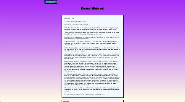 'Dead Words' is written above a large rectangle upon which a collaborative story is written and some of a submit form input field can be seen at the bottom of the page